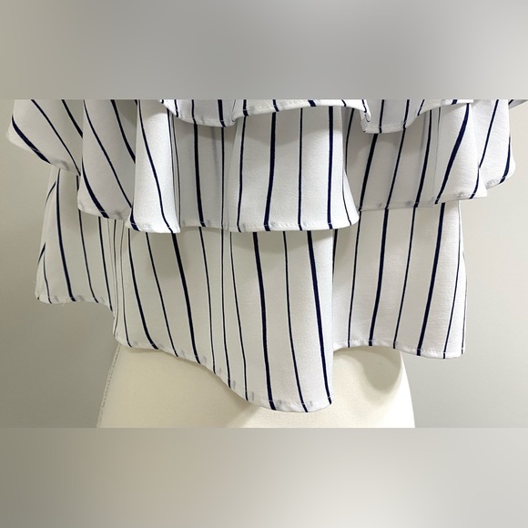 She + Sky Womens L White Blue Stripe Ruffle Flowy Crop Top Boho Y2K Maximalist - Picture 7 of 14